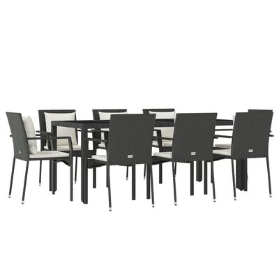 vidaXL 9 Piece Patio Dining Set with Cushions Black Poly Rattan