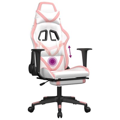 vidaXL Massage Gaming Chair with Footrest White&Pink Faux Leather