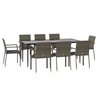 vidaXL 9 Piece Patio Dining Set with Cushions Black and Gray Poly Rattan