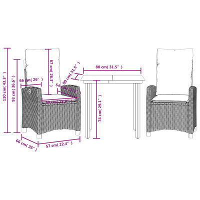 vidaXL 3 Piece Patio Dining Set with Cushions Gray Poly Rattan