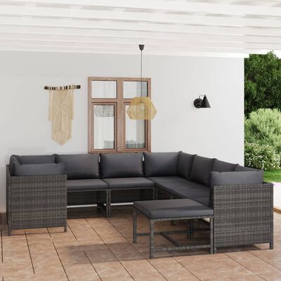 vidaXL 9 Piece Patio Lounge Set with Cushions Poly Rattan Gray