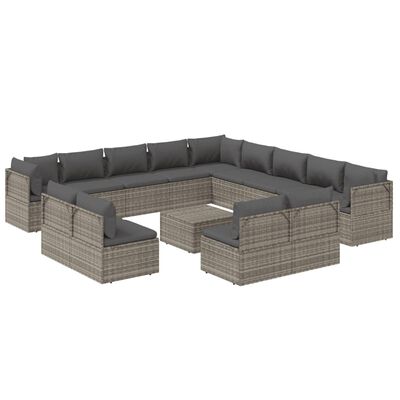 vidaXL 14 Piece Patio Lounge Set with Cushions Gray Poly Rattan