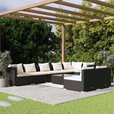 vidaXL 9 Piece Patio Lounge Set with Cushions Black Poly Rattan