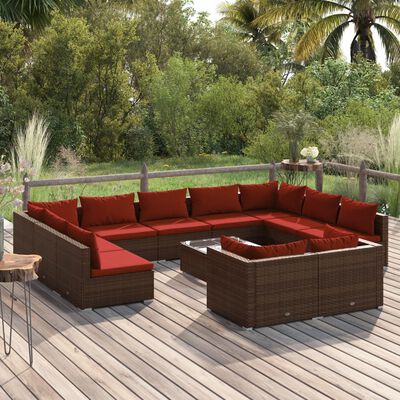 vidaXL 12 Piece Patio Lounge Set with Cushions Brown Poly Rattan