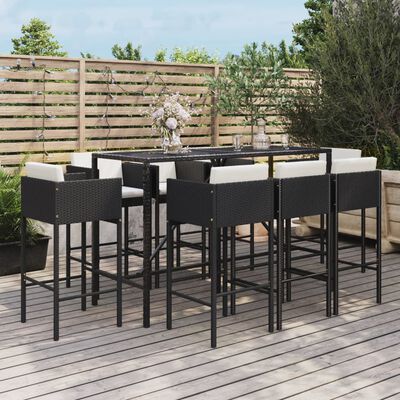 vidaXL 9 Piece Patio Bar Set with Cushions Black Poly Rattan