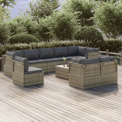 vidaXL 10 Piece Patio Lounge Set with Cushions Gray Poly Rattan