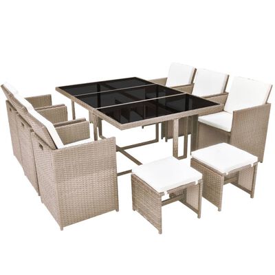 vidaXL 11 Piece Patio Dining Set with Cushions Poly Rattan Beige