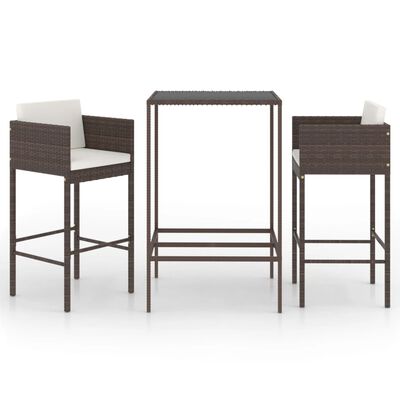 vidaXL 3 Piece Patio Bar Set with Cushions Poly Rattan Brown