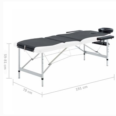 vidaXL 3-Zone Foldable Massage Table Aluminum Black and White