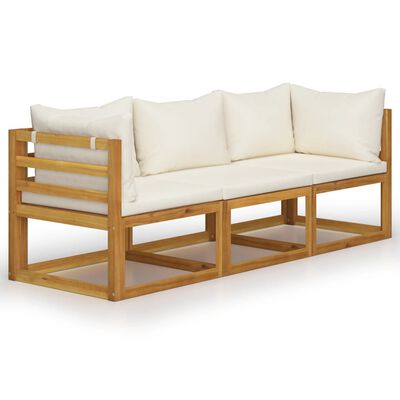 vidaXL 3-Seater Patio Sofa with Cushion Cream Solid Acacia Wood