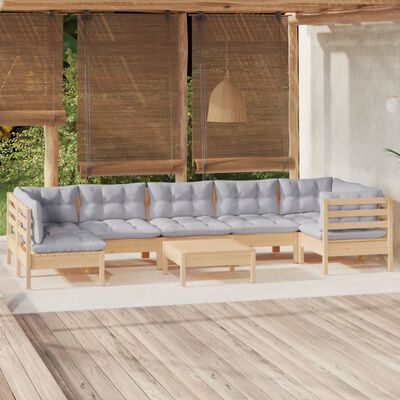 vidaXL 8 Piece Patio Lounge Set with Gray Cushions Pinewood