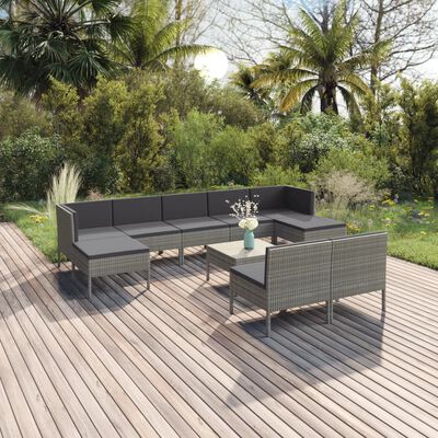 vidaXL 10 Piece Patio Lounge Set with Cushions Poly Rattan Gray