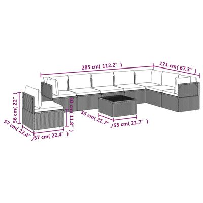 vidaXL 9 Piece Patio Lounge Set with Cushions Gray Poly Rattan