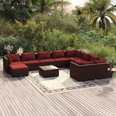 vidaXL 11 Piece Patio Lounge Set with Cushions Poly Rattan Brown