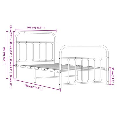 vidaXL Metal Bed Frame without Mattress with Footboard White 39.4"x74.8"