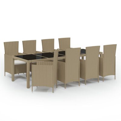 vidaXL 9 Piece Patio Dining Set with Cushions Poly Rattan Beige