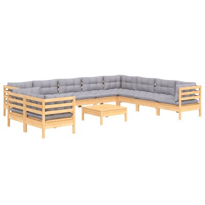 vidaXL 11 Piece Patio Lounge Set with Gray Cushions Solid Pinewood