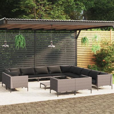 vidaXL 14 Piece Patio Lounge Set with Cushions Poly Rattan Dark Gray