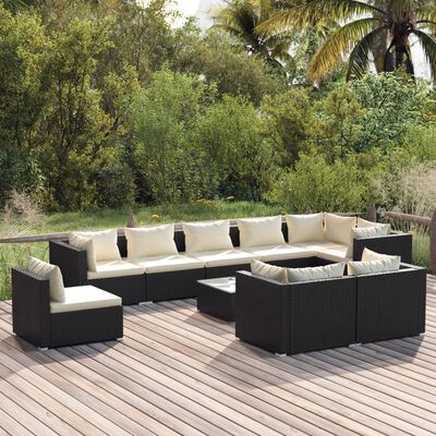 vidaXL 10 Piece Patio Lounge Set with Cushions Poly Rattan Black