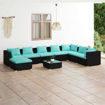 vidaXL 9 Piece Patio Lounge Set with Cushions Poly Rattan Black