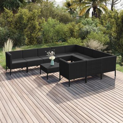 vidaXL 11 Piece Patio Lounge Set with Cushions Poly Rattan Black