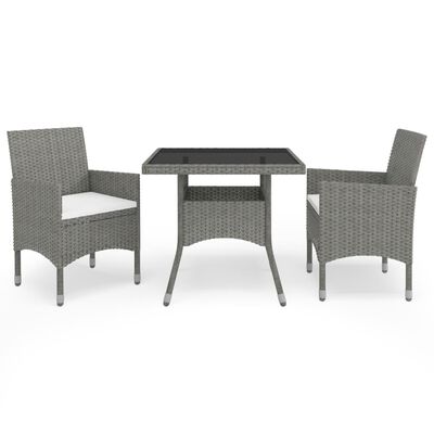 vidaXL 3 Piece Patio Dining Set Gray Poly Rattan and Glass