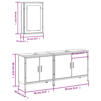 vidaXL 3 Piece Bathroom Furniture Set Smoked Oak Engineered Wood