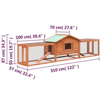 vidaXL Rabbit Hutch Solid Pine & Fir Wood 122"x27.6"x34.3"