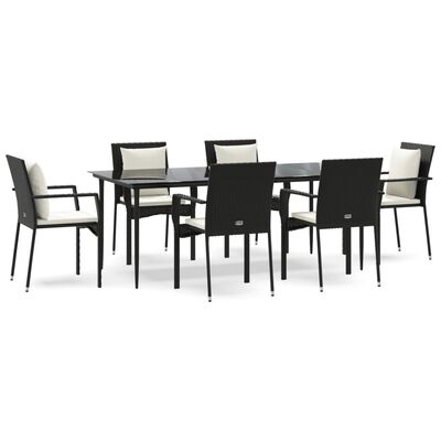 vidaXL 7 Piece Patio Dining Set with Cushions Black Poly Rattan