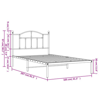 vidaXL Metal Bed Frame without Mattress with Headboard White 39.4"x78.7"