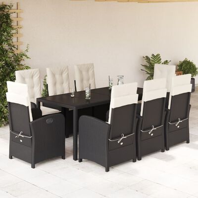 vidaXL 9 Piece Patio Dining Set with Cushions Black Poly Rattan