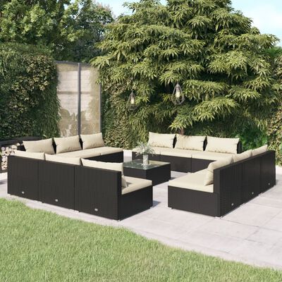 vidaXL 13 Piece Patio Lounge Set with Cushions Poly Rattan Black