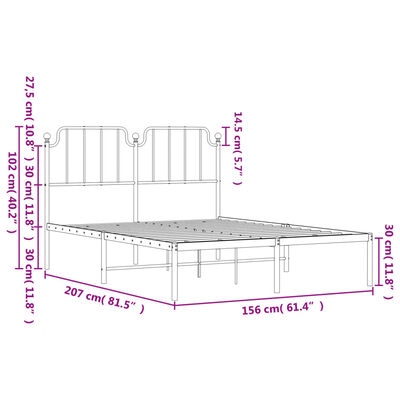 vidaXL Metal Bed Frame without Mattress with Headboard White 59.1"x78.7"