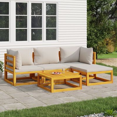 vidaXL 5 Piece Patio Lounge Set with Light Gray Cushions Solid Wood