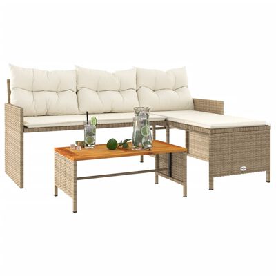 vidaXL Patio Sofa with Table and Cushions L-Shaped Beige Poly Rattan