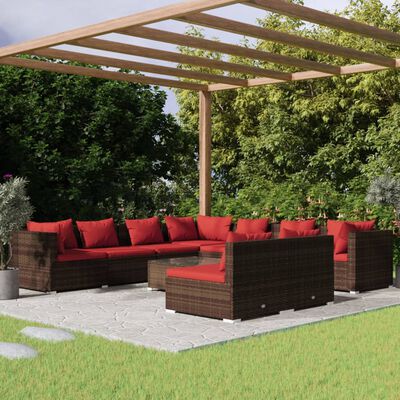 vidaXL 10 Piece Patio Lounge Set with Cushions Brown Poly Rattan