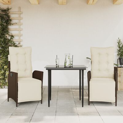 vidaXL 3 Piece Patio Dining Set with Cushions Brown Poly Rattan