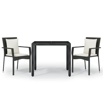 vidaXL 3 Piece Patio Dining Set with Cushions Black Poly Rattan