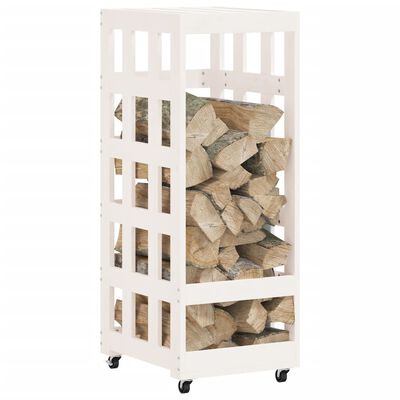 vidaXL Log Holder with Wheels White 15.7"x19.3"x43.3" Solid Wood Pine