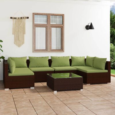 vidaXL 7 Piece Patio Lounge Set with Cushions Poly Rattan Brown