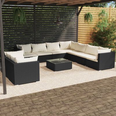 vidaXL 10 Piece Garden Lounge Set with Cushions Black Poly Rattan