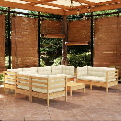 vidaXL 9 Piece Patio Lounge Set with Cream Cushions Solid Pinewood