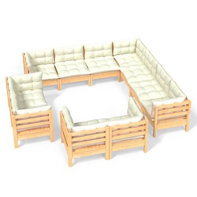 vidaXL 11 Piece Patio Lounge Set with Cream Cushions Solid Pinewood