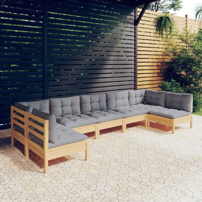 vidaXL 7 Piece Patio Lounge Set with Gray Cushions Solid Pinewood