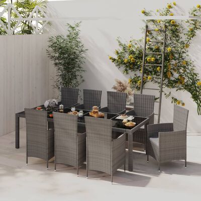 vidaXL 9 Piece Patio Dining Set with Cushions Poly Rattan Gray