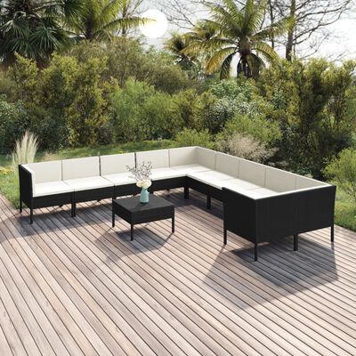 vidaXL 11 Piece Patio Lounge Set with Cushions Poly Rattan Black