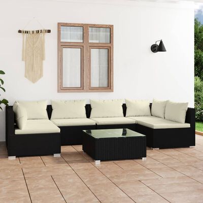 vidaXL 7 Piece Patio Lounge Set with Cushions Poly Rattan Black