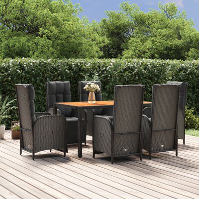 vidaXL 7 Piece Patio Dining Set with Cushions Black Poly Rattan