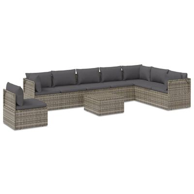 vidaXL 9 Piece Patio Lounge Set with Cushions Gray Poly Rattan