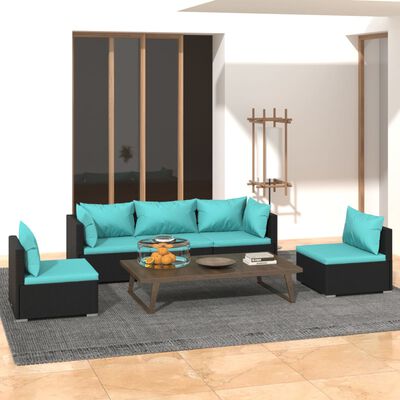 vidaXL 5 Piece Patio Lounge Set with Cushions Poly Rattan Black